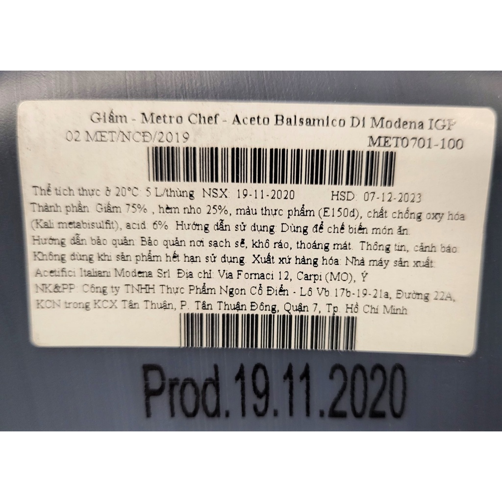 [BÌNH LỚN 5 Lít] GIẤM NHO [Italia] METRO CHEF Aceto Balsamico Di Modena (cff)