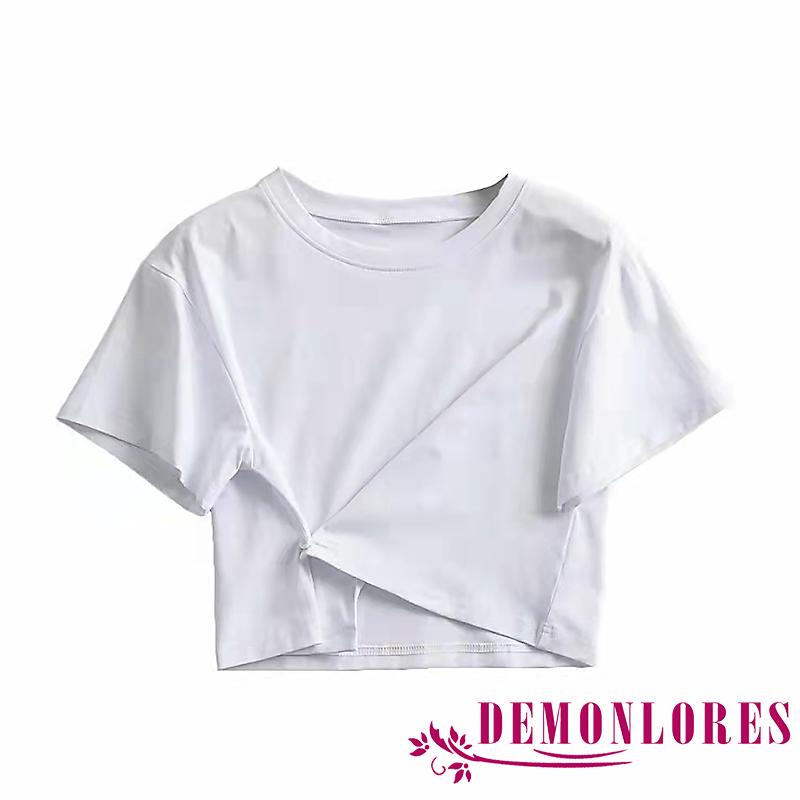 Áo Thun Croptop Ngắn Tay Cổ Tròn Màu Trơn Thiết Kế Độc Đáo Thời Trang Cho Nữ