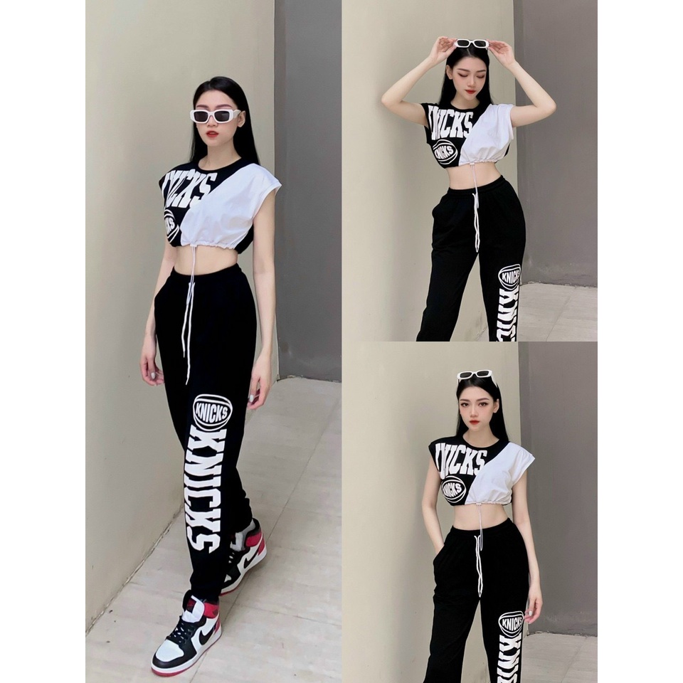 Bộ tập áo croptop quần jogger nữ tập nhảy yoga gym zumba aerobic chất cotton siêu xinh