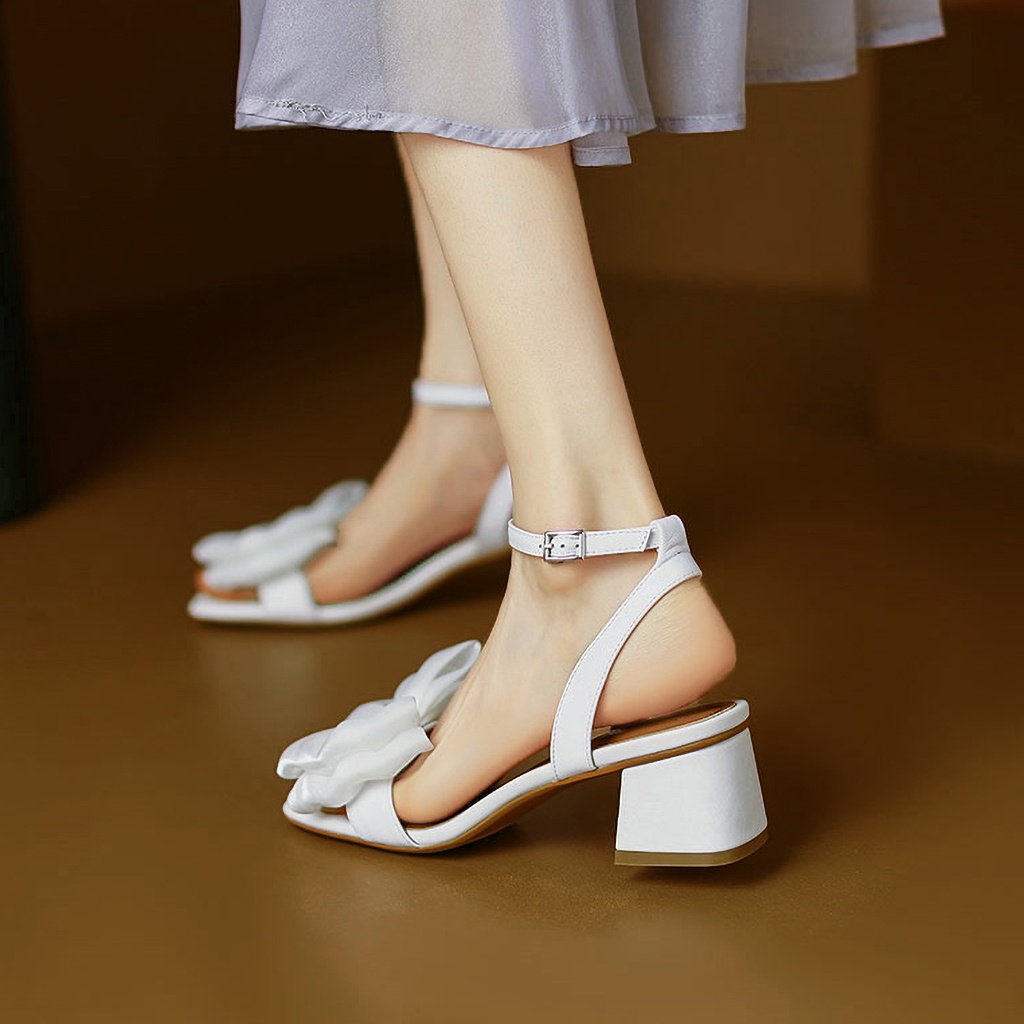 Giày sandal nữ DILY mũi vuông gót vuông quai phối nơ organza cao 5cm_AA0340