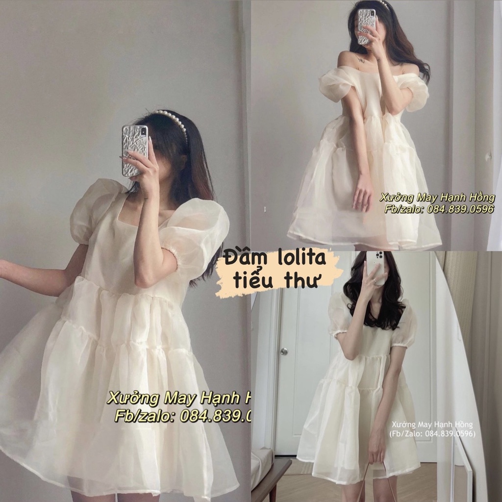 Váy trắng dự tiệc tiểu thư tay phồng cổ vuông, Váy công chúa trắng tay bồng có đệm ngực