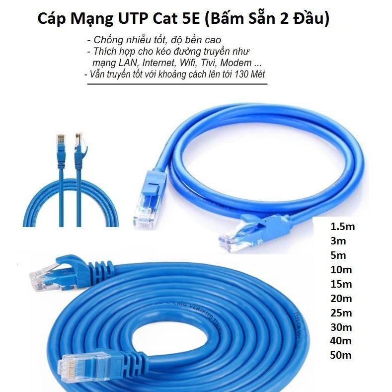 Cáp Mạng UTP Cat 5E Dây Xanh ( Bấm Sẵn 2 Đầu ) Cable Lan UTP Cat 5E-20m