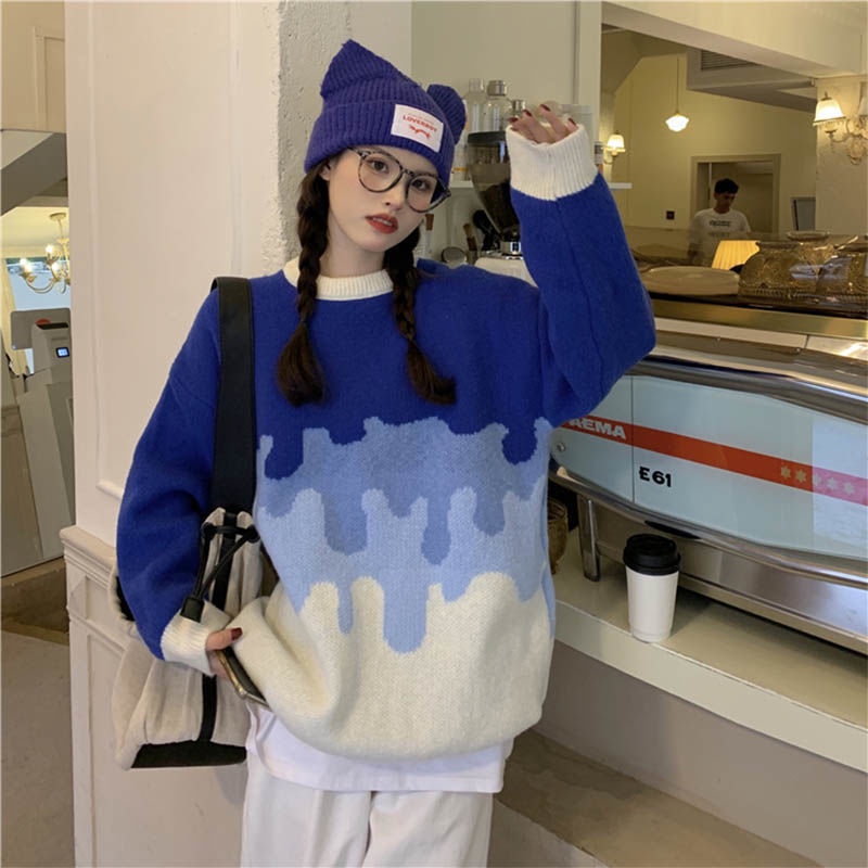 Áo Sweater Dệt Kim Dáng Rộng Cổ Tròn Phối Màu Hàng Mới Cho Nữ