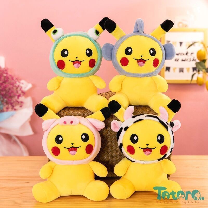 Thú bông Pikachu đội mũ thú - Pikachu đội mũ Kaws - Spyduck cầm lá 20cm