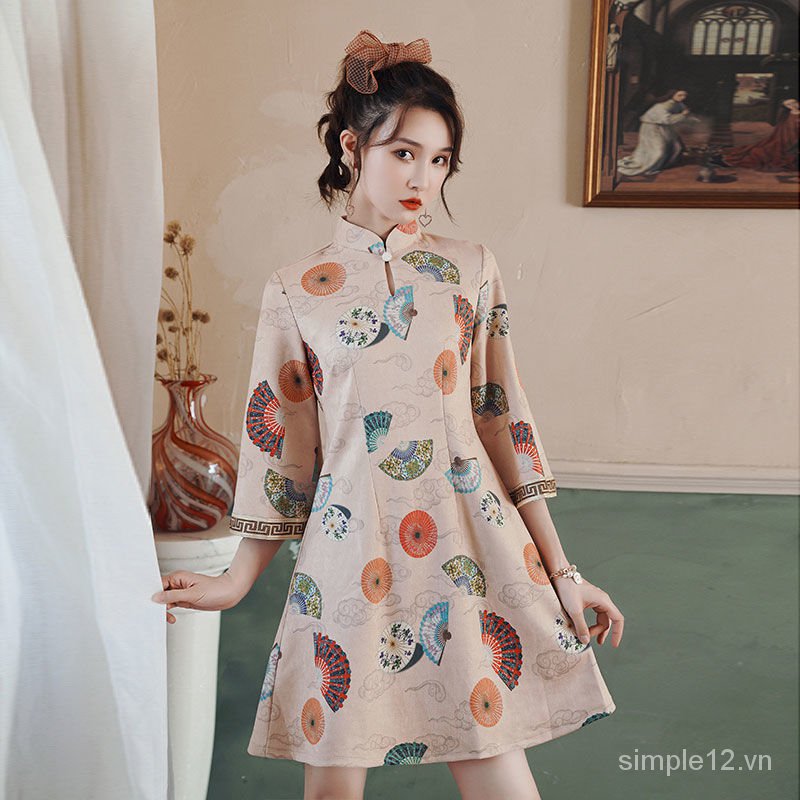 Đầm Sườn Xám Tay Lỡ Phong Cách Trung Hoa Thời Trang Thanh Lịch Cho Nữ