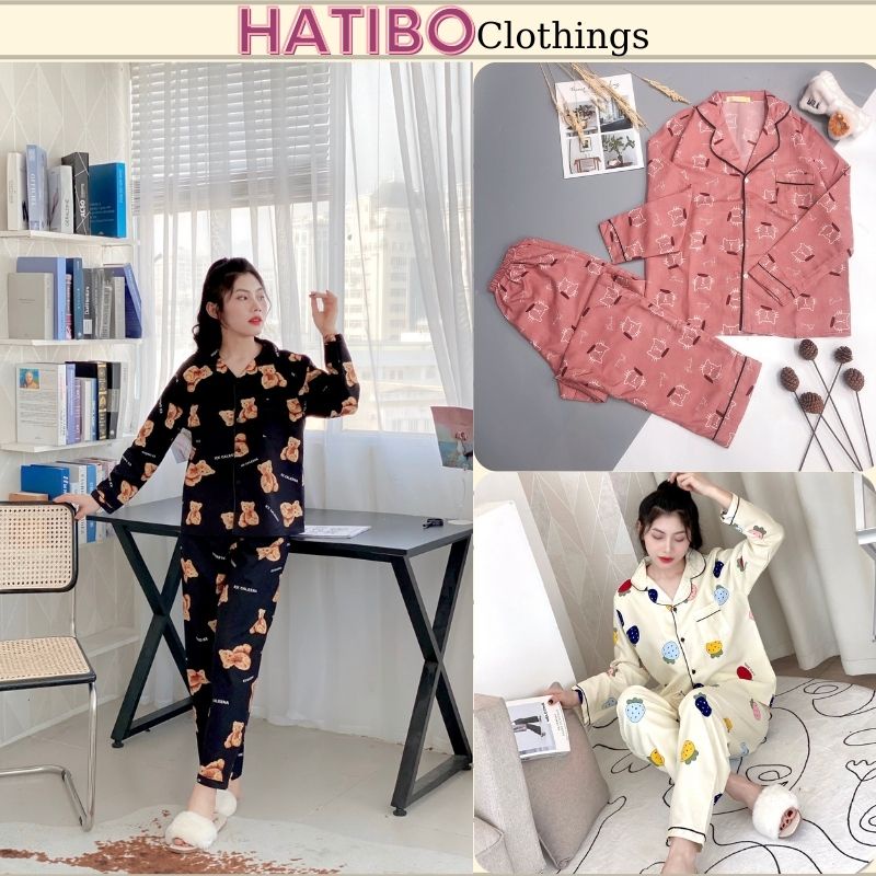 Đồ bộ ngủ pijama nữ dài tay HATIBO chất kate thái hàng đẹp. Bộ mặc nhà thu đông dưới 60kg