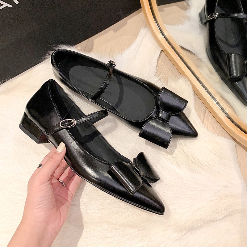 Giày búp bê mũi nhọn gắn nơ phối dây cài  mix kiểu siêu xinh mã B16