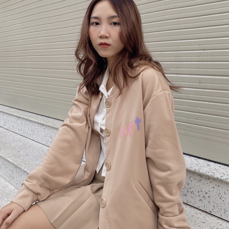 Áo khoác bomber form rộng cài nút in chữ miganto - MG028