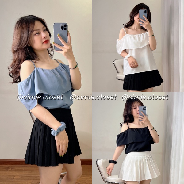 Áo hai dây trễ vai bèo kèm dây buộc tóc hàng qccc