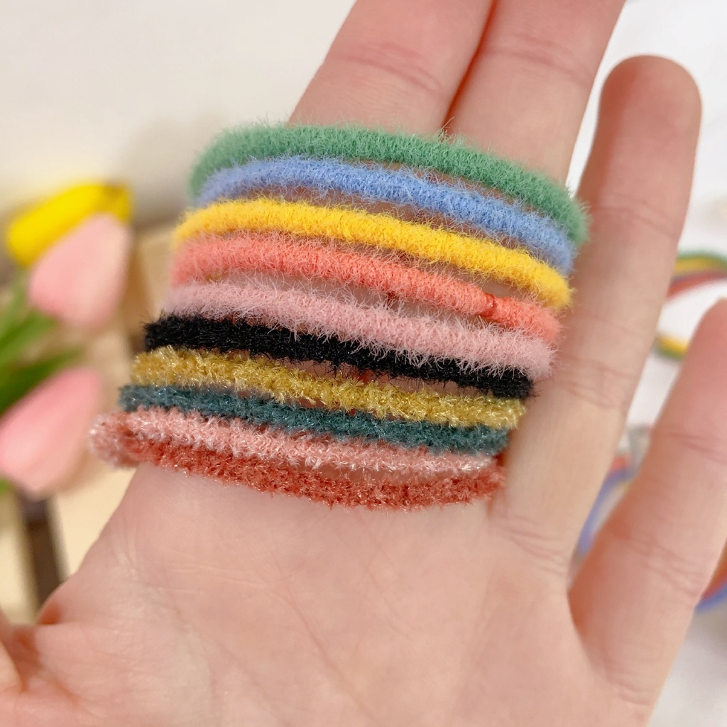 Set 10 dây buộc tóc nữ lông nhỏ nhiều màu dễ thương - Bộ 10 chun cột tóc cho bé Hàn Quốc