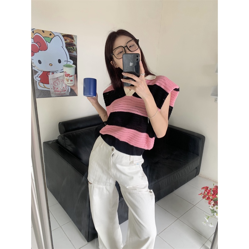 LALISAS Áo Dệt Kim Phối Màu Phong Cách Thời Trang Hàn Quốc Cho Nữ