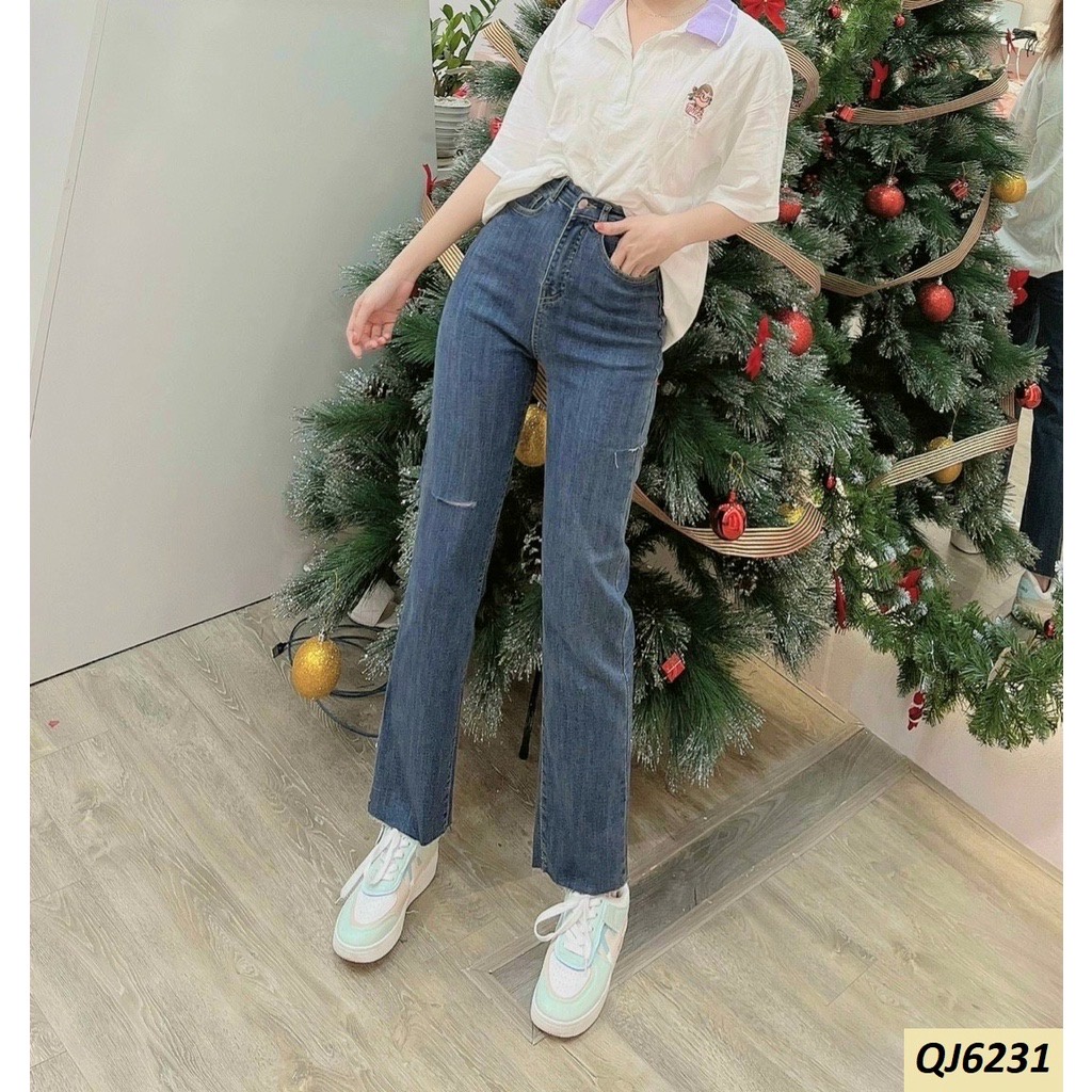 Quần jeans ống đứng rách gối lưng cao phủ rốn QJ6231D