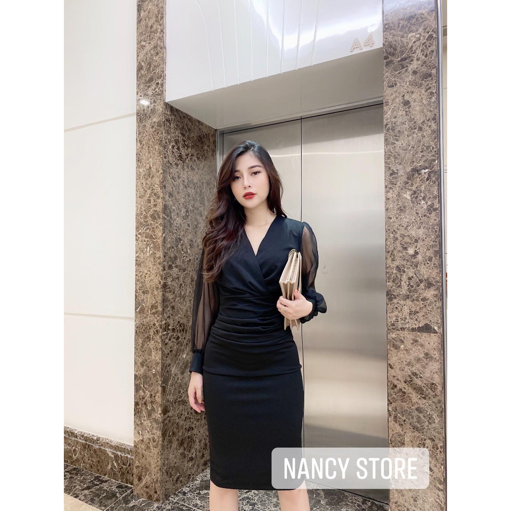 Váy body đen tay dài phối voan cổ tim nhún eo chất umi Hàn Quốc co giãn Nancy A3 Đẹp ❗