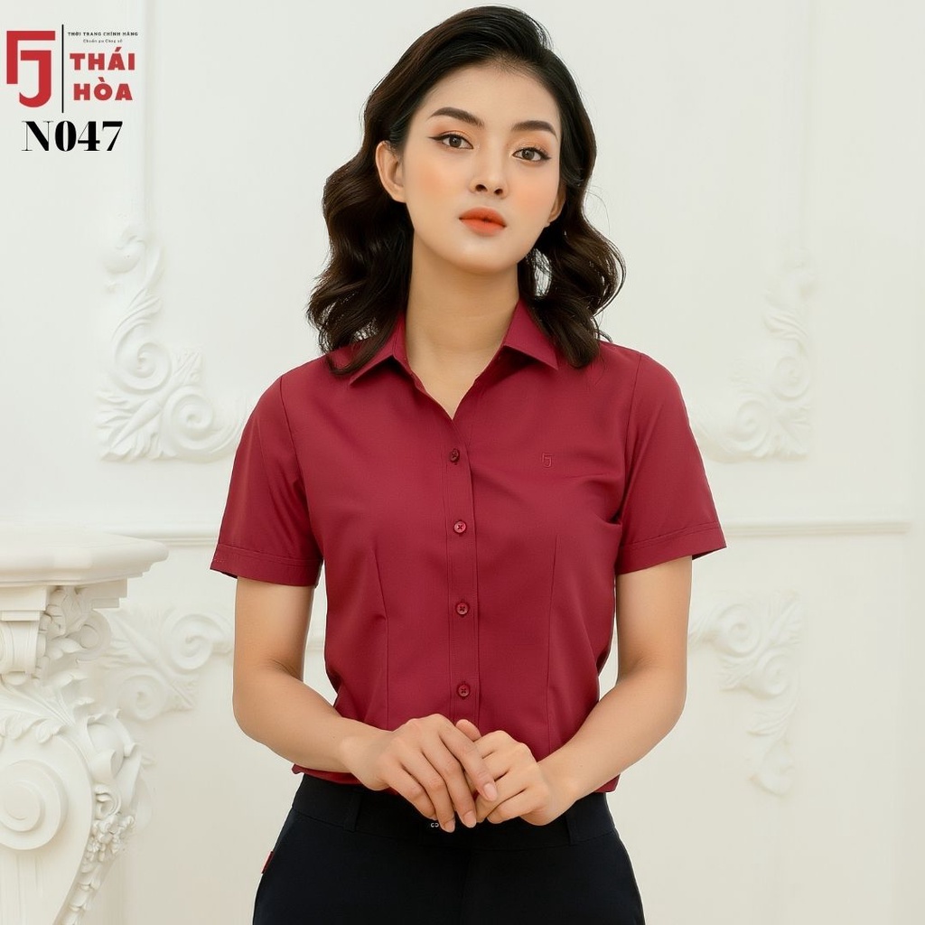 Áo sơ mi nữ tay ngắn công sở đẹp kiểu bigsize đổ đô cotton Thái Hoà N047-12-01 ...