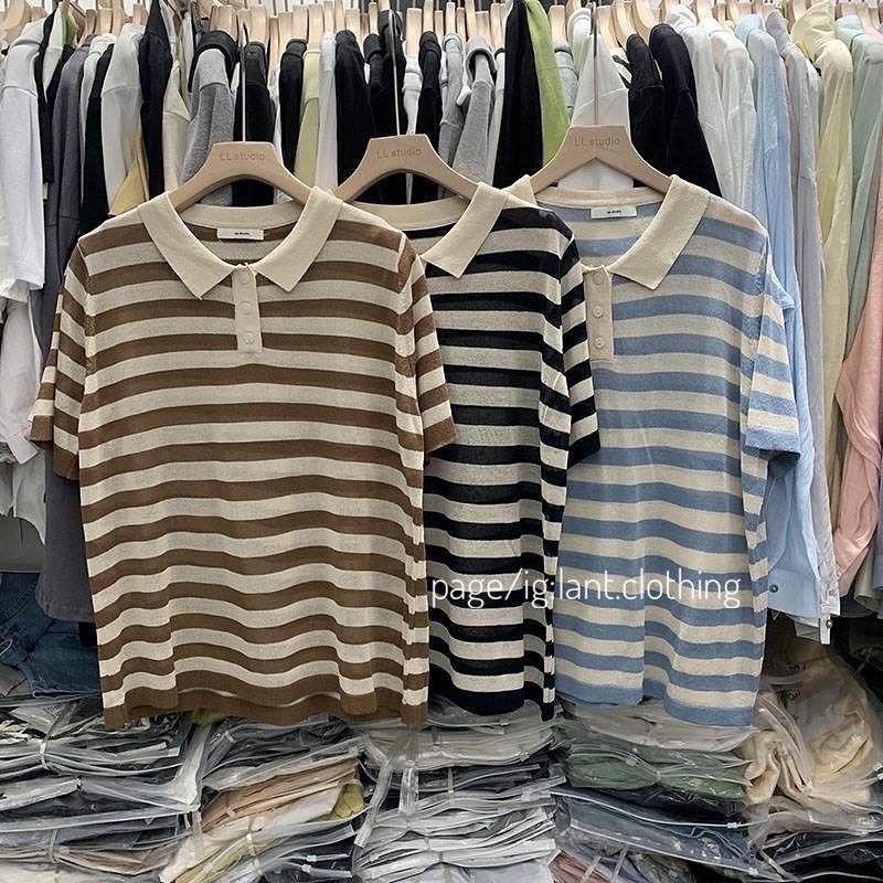 Áo polo len montogi kẻ mỏng