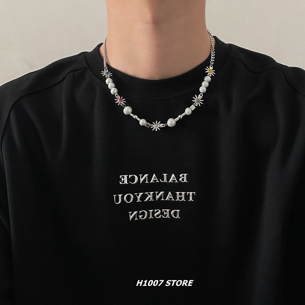 Vòng cổ Thép Titan Mặt Hình Hoa Hướng Dương Đính Ngọc Trai Phản Quang Phong Cách Hip Hop