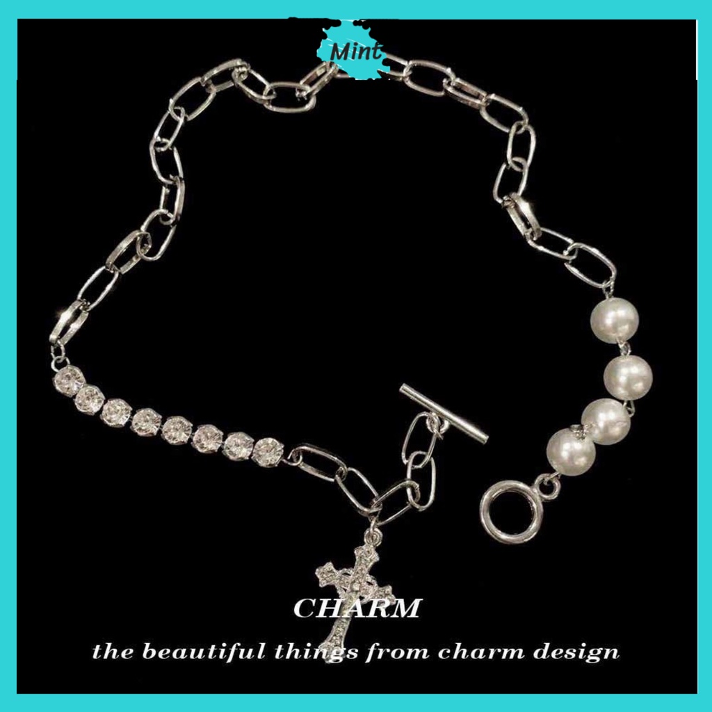 Vòng Cổ Bất Đối Xứng Chữ Thập Đính Đá ❤️FREESHIP❤️ Dây Chuyền Phong Cách Hàn Quốc