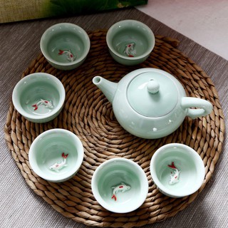 Bộ ấm trà gốm sứ cá chép cao cấp 6 chén - có chú cá bên trong chén