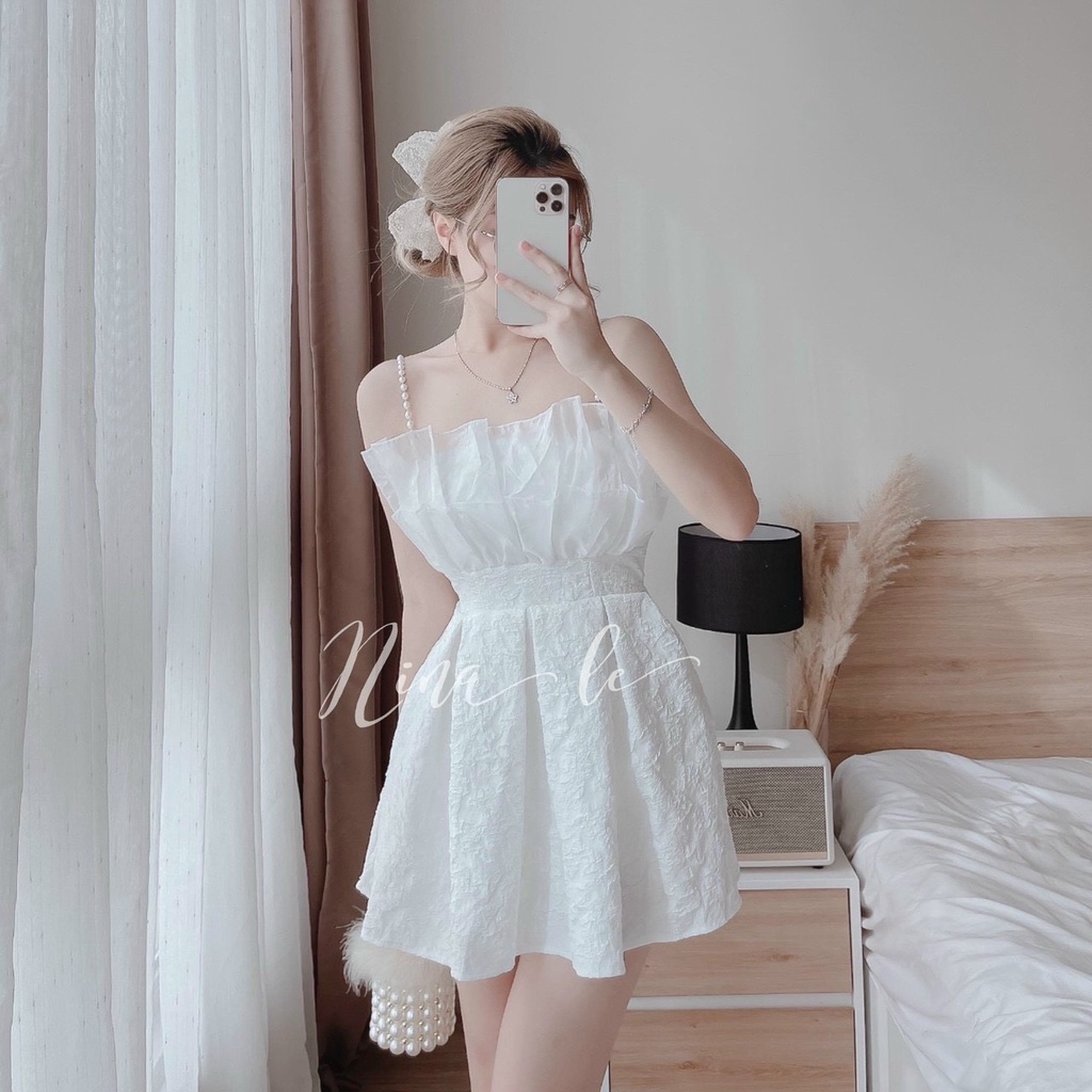 Đầm váy nữ dây cườm họa tiết hở lưng quyến rũ có mút ngực gấm xòe 2 màu giản đơn hot trend DDS53