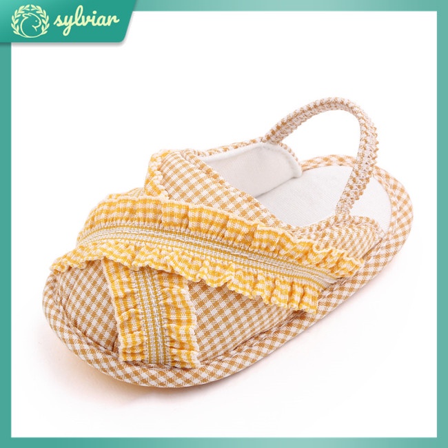 Đôi dép đi trong nhà vải cotton sọc ca rô phối viền bèo dành cho bé 0-18 tháng tuổi