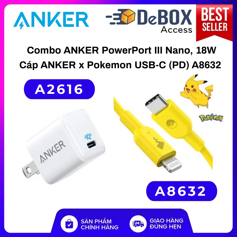 Combo Sạc nhanh ANKER PowerPort III Nano A2616/A2633 + Cáp ANKER x Pokemon USB-C (PD) A8632