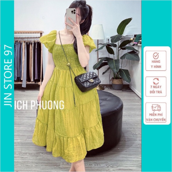 Váy cổ vuông xanh cốm babydoll dáng dài xoè tay bồng chun eo chất đũi tơ xước sang chảnh mặc đi biển, đi chơi mã V13