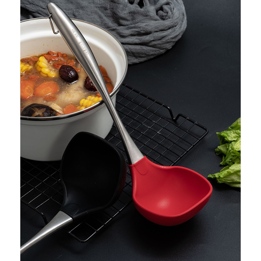 Bộ 2 Vá Múc Canh và Xạn Xào Silicone chịu nhiệt cán inox 304 cao cấp phong cách Hàn Quốc - Onlycook