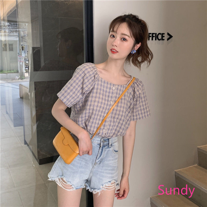 Áo Sơ Mi Ngắn Tay Họa Tiết Caro Xinh Xắn Theo Phong Cách Hàn Quốc Dành Cho Nữ