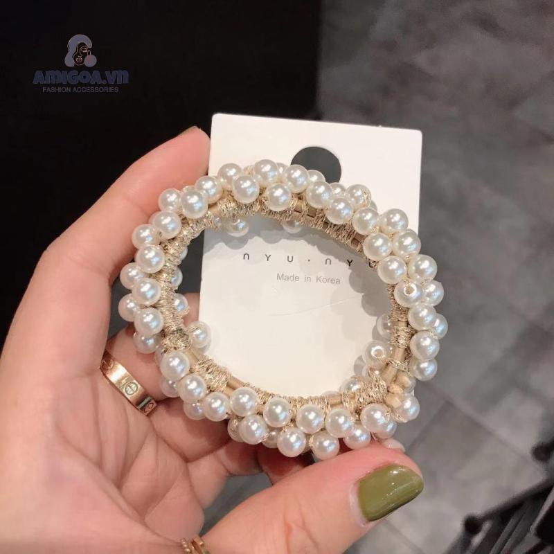 Dây Buộc Tóc Cao Su Co Giãn Đính Hạt Ngọc Trai Giả Xinh Xắn