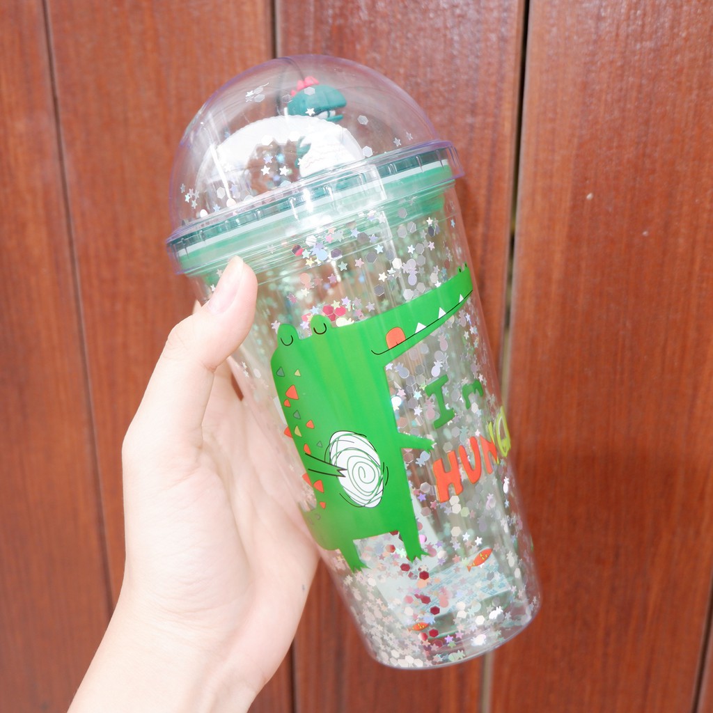 Ly Đựng Nước, Cốc Đựng Nước Nhũ Kim Tuyến Hình Khủng Long 500Ml Kèm Ống Hút Xinh Xắn (GIAO MÀU NGẪU NHIÊN)