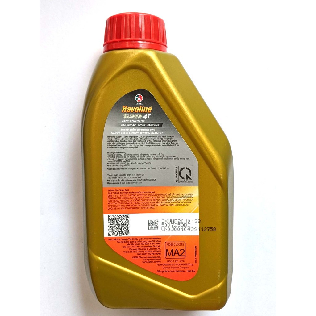 [DauNhot-PhuGia]NHỚT XE MÁY Havoline® Super 4T Semi-Synthetic SAE 10W-40, dầu nhớt Havoline Super 4T 10W40 cho xe số.