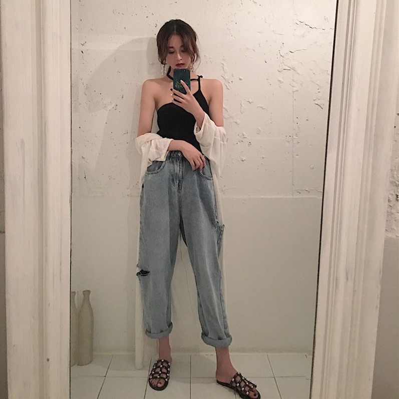 Quần jean nữ denim ống rộng suông lưng cạp cao form rộng chất đẹp Emilyshop ulzzang