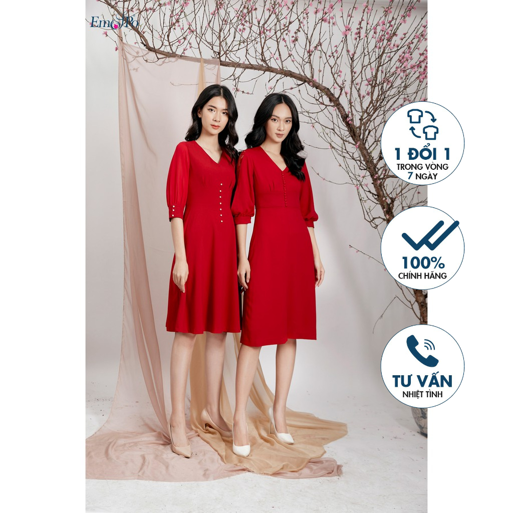 Đầm cổ V, tay bồng, dáng xòe DM3620 Emspo (Bên Phải) (Đen, Đỏ)