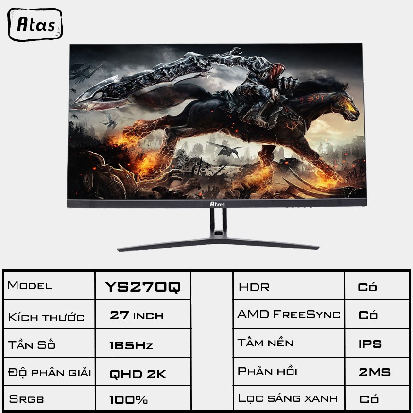 [Mã ELMSHX03 hoàn 6% xu đơn 2TR] Màn hình máy tính 27 inch 2K ATAS YS270Q - Tần số quét 165Hz - Tấm nền IPS | BigBuy360 - bigbuy360.vn