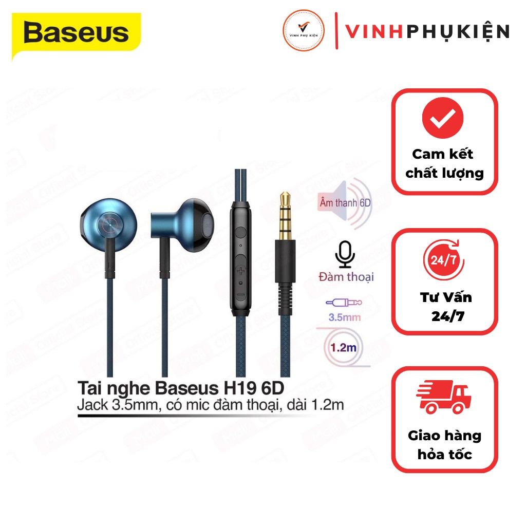 Tai nghe dây chân tròn 3.5mm baseus encok h19 dây bọc dù chất lượng âm thanh 6d hỗ trợ mic cho các dòng điện thoại