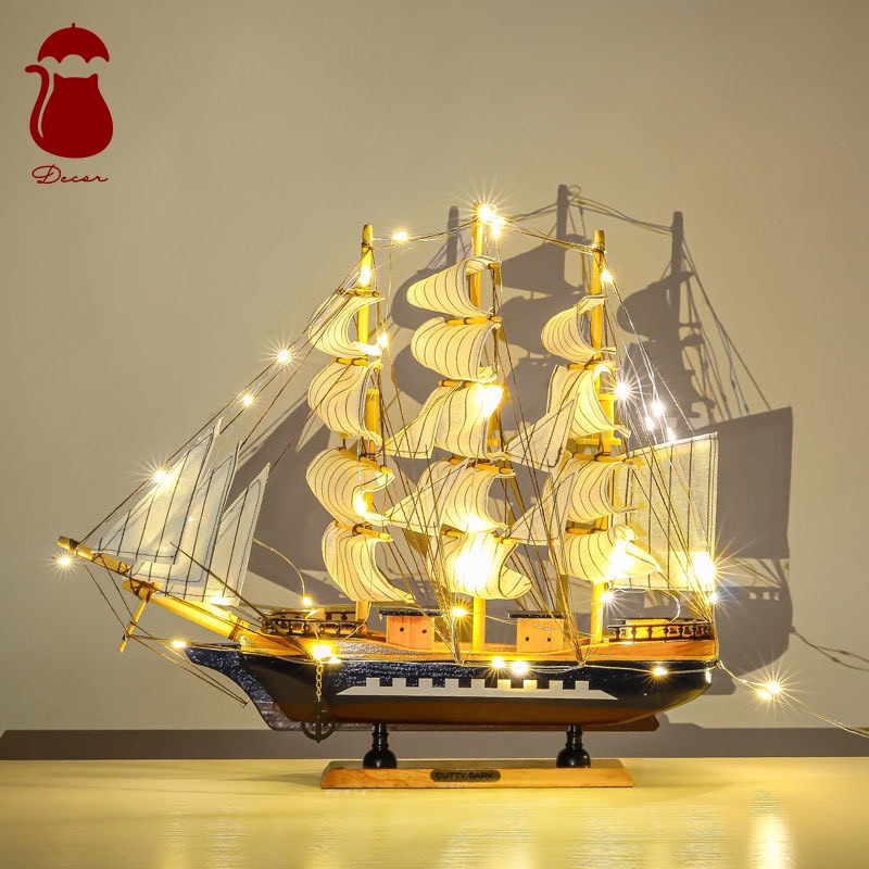 Mô hình thuyền gỗ Ô DECCOR, tàu mô hình gỗ 3D thuận buồm xuôi gió kèm đèn nháy trang trí nhà cửa