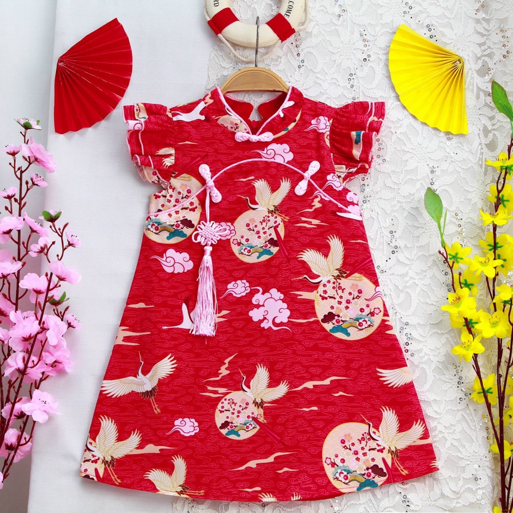 Đầm sườn xám đẹp cho bé gái mặc tết họa tiết chim hạc size 12-35kg hàng thiết kế cao cấp