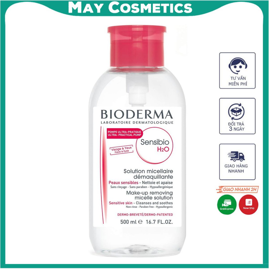 Nước Tẩy Trang Bioderma Pháp H2O Xanh - Hồng 500ML (Nắp Nhấn) dạng nước trong suốt, không cồn, không mùi.