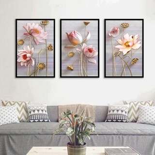 BỘ 3 TRANH CANVAS  HOA SEN KHUNG VIỀN ĐEN - SR114