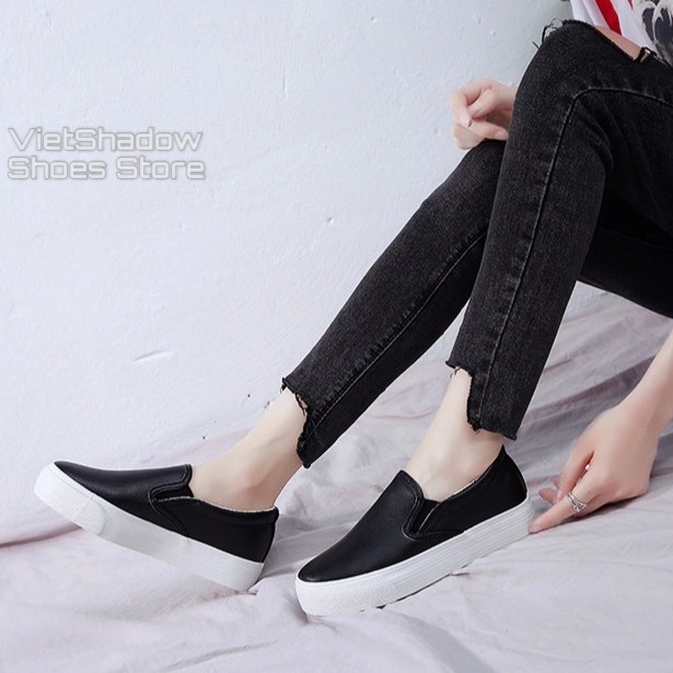 Slip on da nữ - Giày lười da nữ đế bánh mì - Da PU màu (trắng) và (đen) đế trắng - Mã SP: D16/803