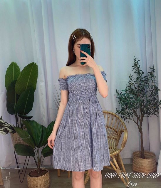 Đầm nhún thun trễ vai (có 2 màu)