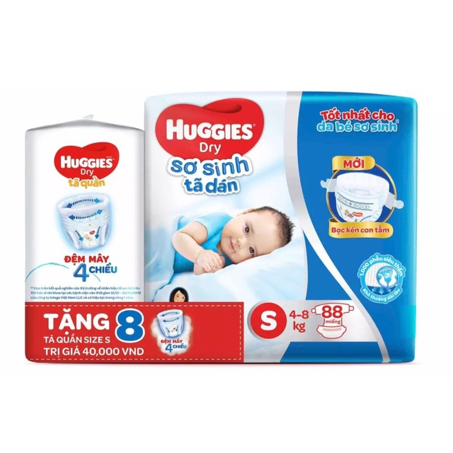 [Tặng 8 miếng tã quần] Tã dán sơ sinh Huggies S88 miếng/gói