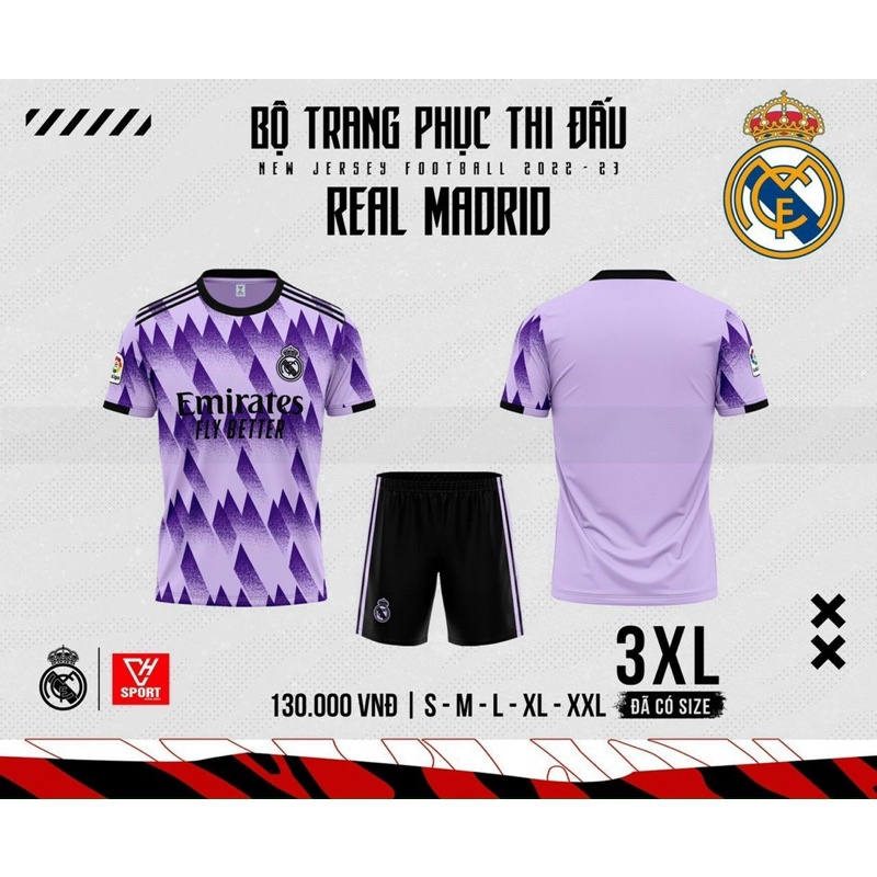 Set bộ quần áo bóng đá các câu lạc bộ kèm in số áo, tên đội, tên cầu thủ _ Tím Real Madrid