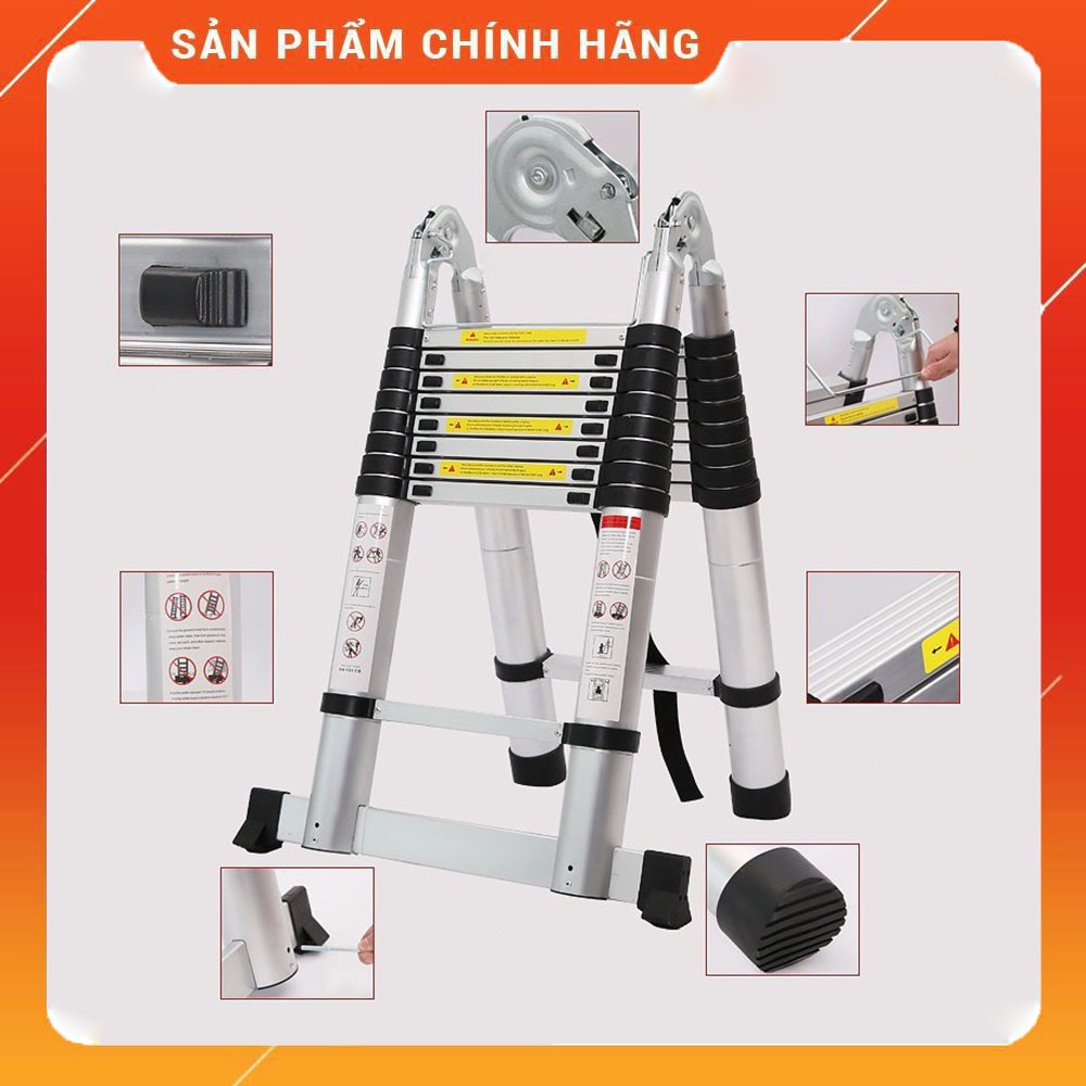 Thang nhôm rút chữ A Mẫu 2021 đai xanh, tải trọng 300kg, chiều cao từ 1.6M đến 3.2M