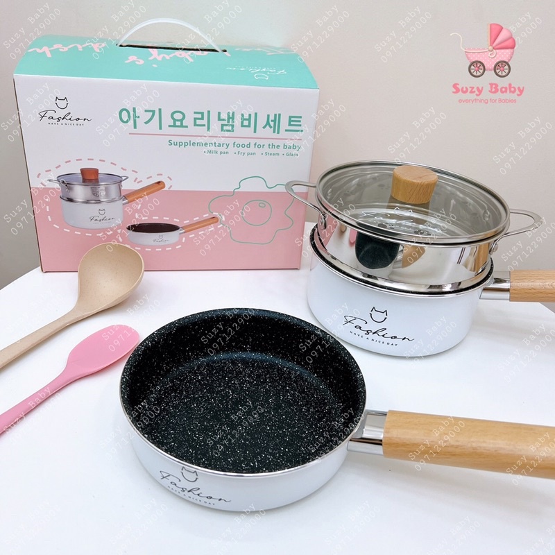 Bộ Nồi Chảo Đá Ăn Dặm Kèm Xửng Hấp, Bộ Nồi Chảo Đá Fashion 16cm Cho Bé Ăn Dặm