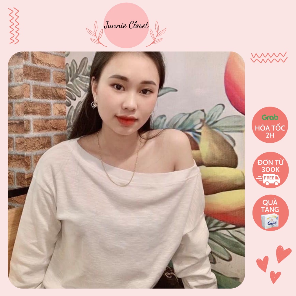 Áo nữ trễ vai thun Junnie Closet đen và trắng phong cách ulzzang Hàn Quốc