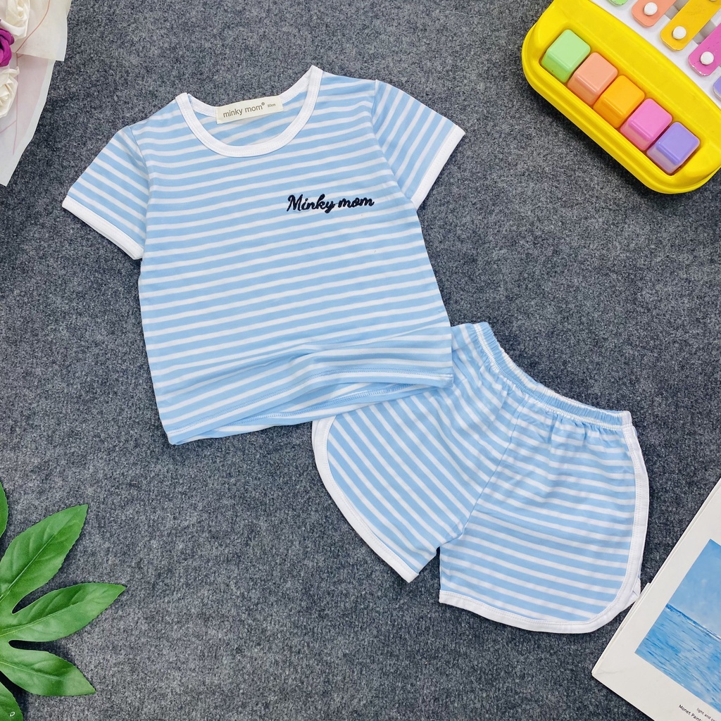 Bộ tay ngắn quần đùi thun lạnh sọc dệt thêu chữ MINKY MOM mềm mịn mát cho bé trai bé gái từ 7-27kg