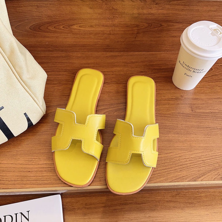 Dép da quai ngang hình chữ H màu trơn phong cách Hàn Quốc siêu đẹp cho nữ iss293