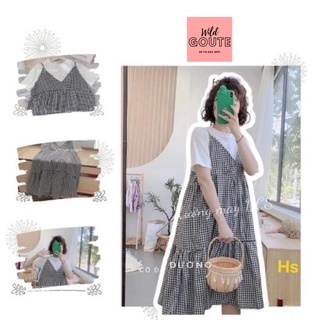 Sét Váy Yếm Nữ Dáng Babydoll Ulzzang Kẻ Caro Tặng Kèm Áo Tay Bồng Chất Cotton Mềm Mịn Wild.Goute SP000886