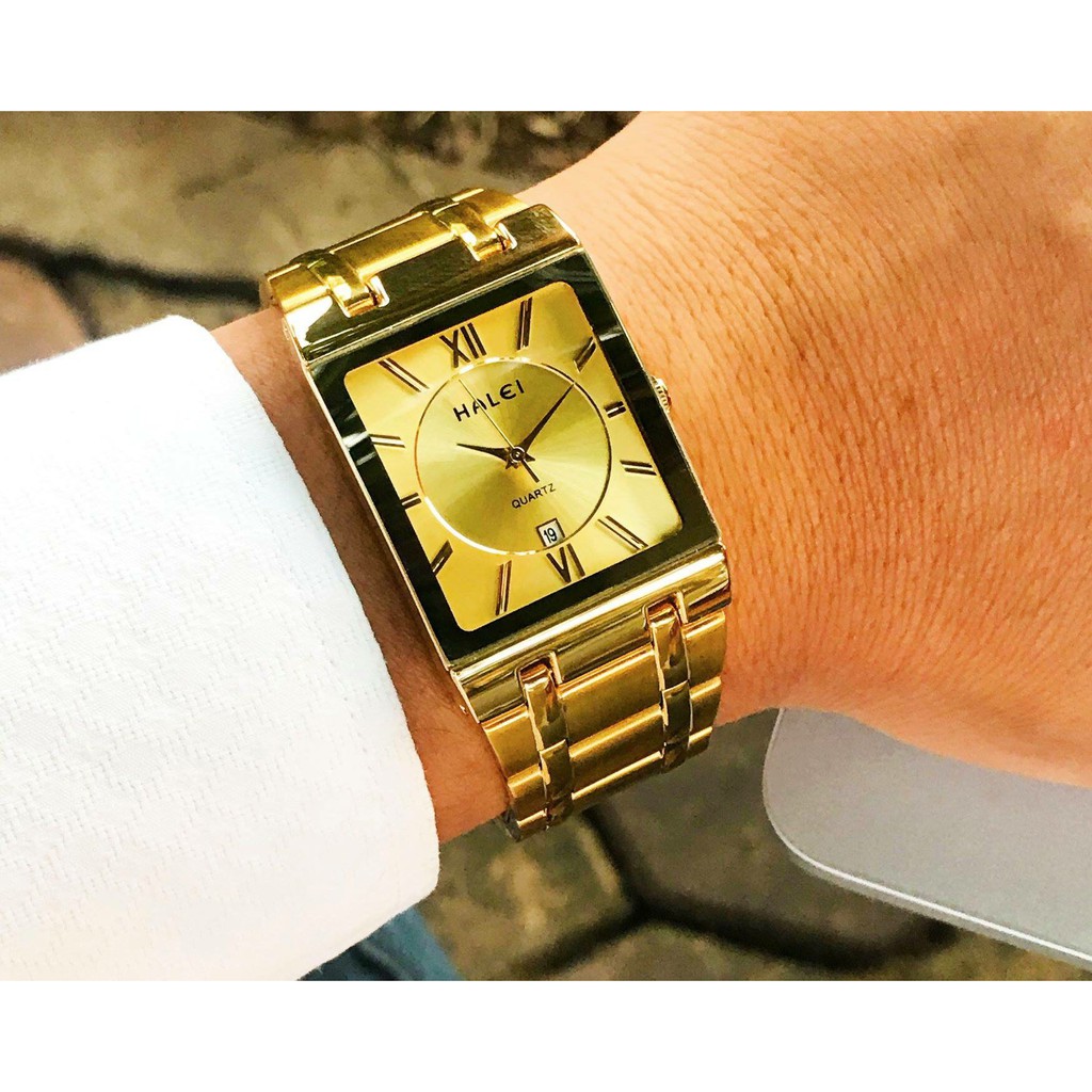 Đồng Hồ Nam HALEI Dây Vàng Cao Cấp Mặt Vuông Lịch Lãm